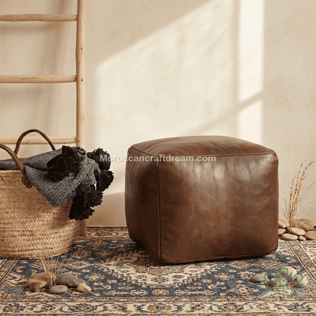 A square brown leather pouf ottoman sits on a patterned rug in a styled room setting with a woven basket, wooden ladder, and warm sunlight casting shadows on the wall.