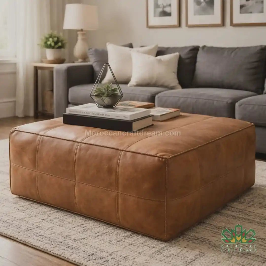 light caramel leather coffee table ottoman in a living room setting with a gray sofa and decorative items.