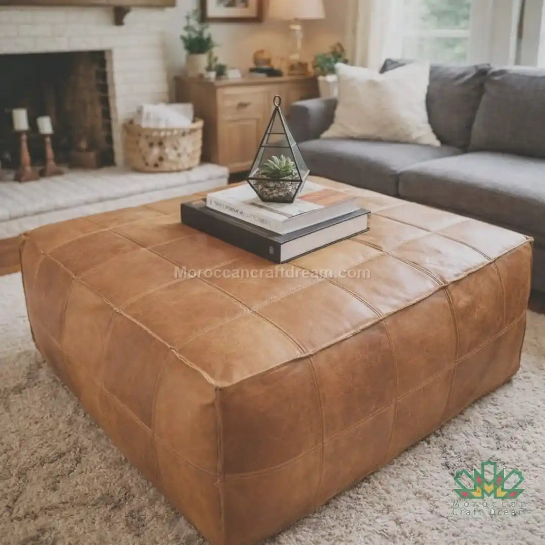 darky leather ottoman coffee table in a living room setting with decor items on top.