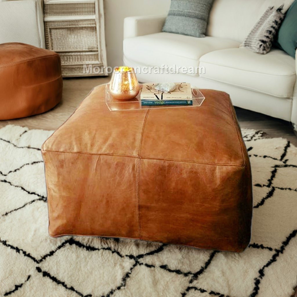 darky light caramel Large Leather Ottoman Coffee table, Handmade Moroccan Pouf 