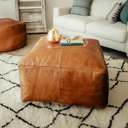 darky light caramel Large Leather Ottoman Coffee table, Handmade Moroccan Pouf 