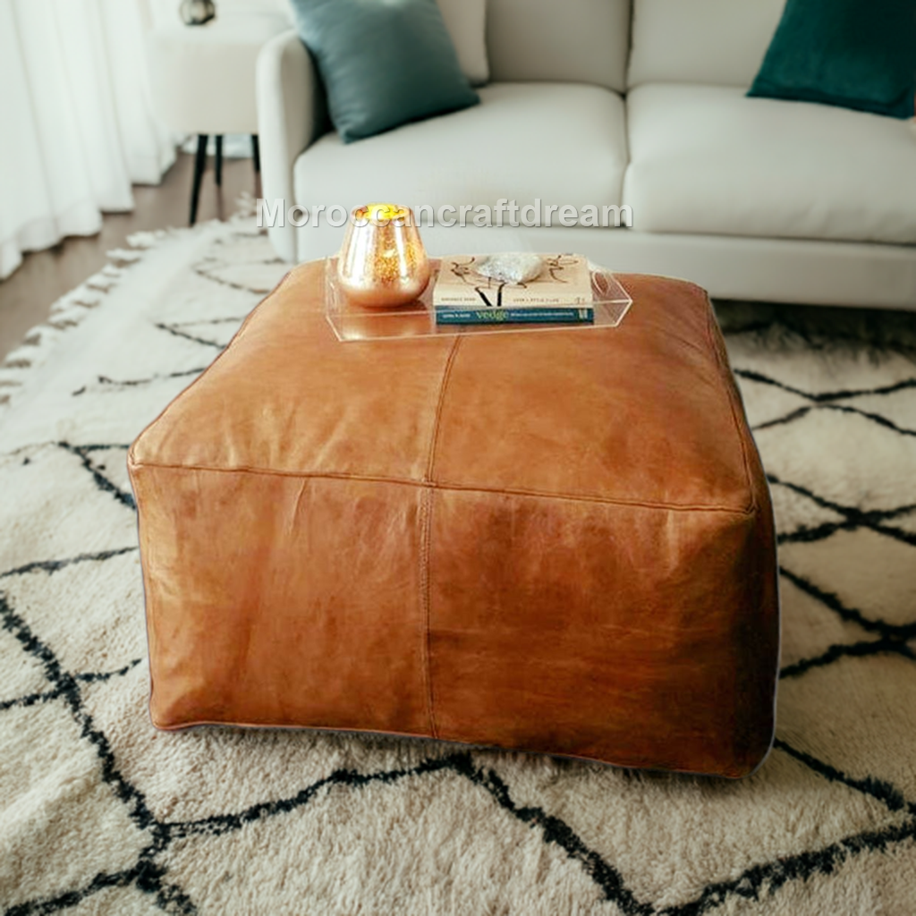 Large Leather Ottoman Coffee table, Handmade light caramel Moroccan Pouf 