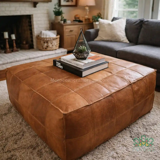 Brown light caramel leather ottoman in a living room with books and decor items.