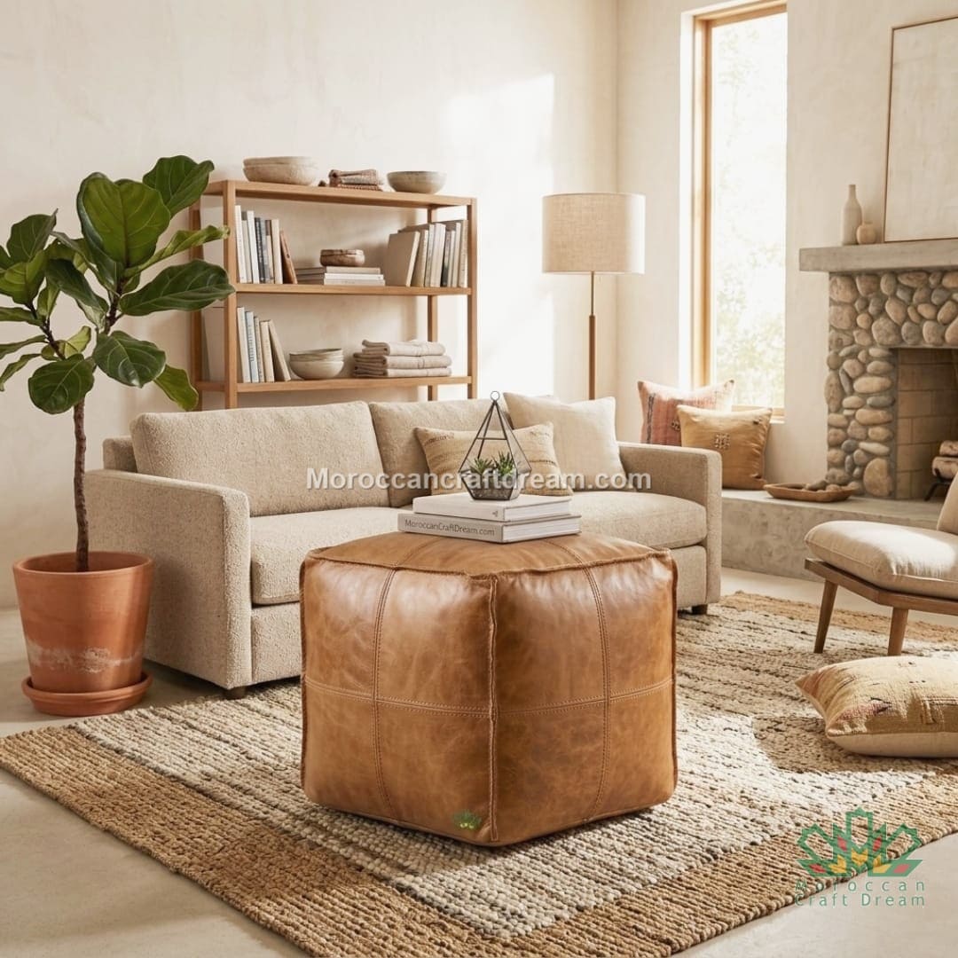 A warm, modern living room featuring a central leather cube light caramel darky pouf ottoman on a woven jute rug, paired with a beige sofa and a wooden bookshelf in the background.
