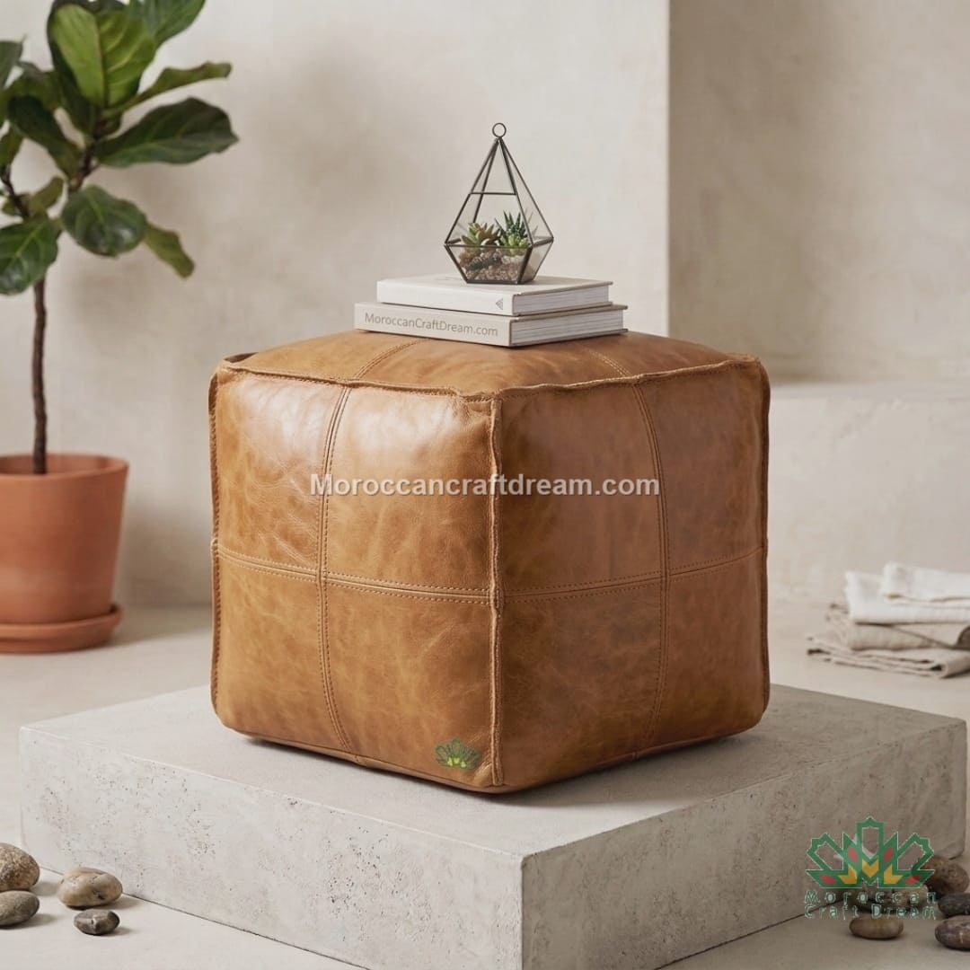 A square darky light caramel leather pouf ottoman with stitched paneling, styled on a concrete pedestal with books, a small plant in a glass terrarium, and a potted fiddle-leaf fig in a neutral room setting.