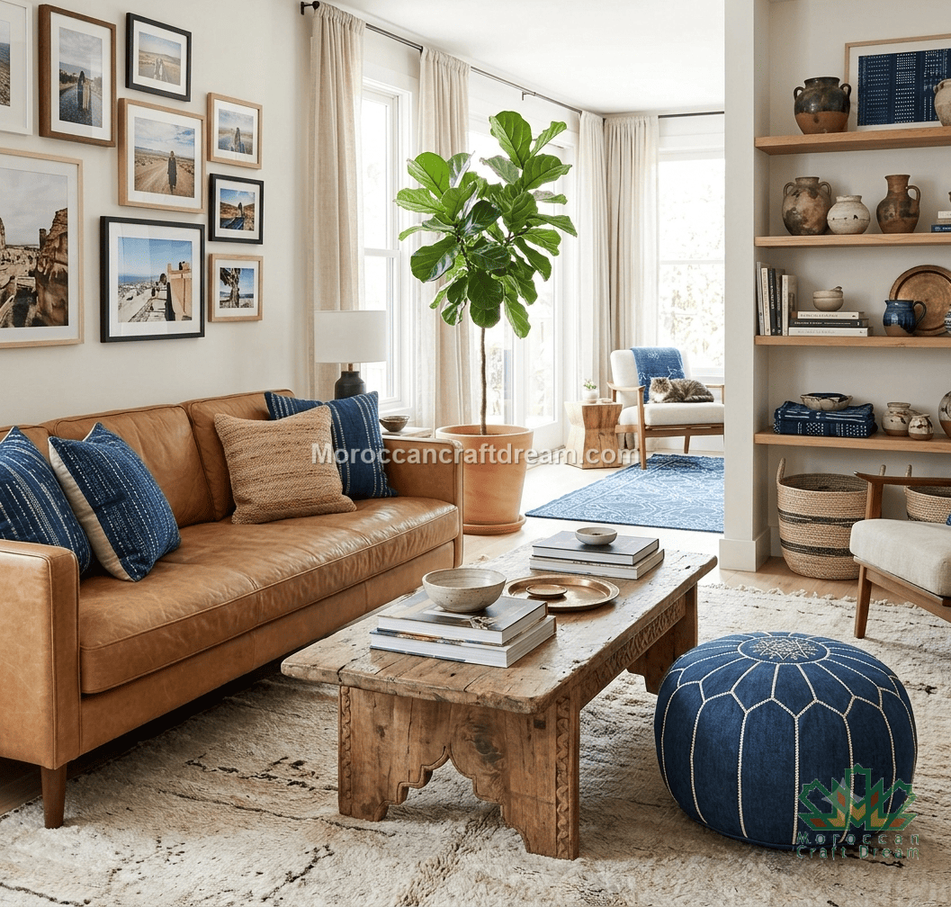 A styled living room interior featuring a tan leather sofa with blue and beige pillows, a rustic wooden coffee table, a denim blue pouf, and a large fiddle-leaf fig plant near tall windows. Framed wall art and built-in shelves with decorative vessels are visible in the room.
