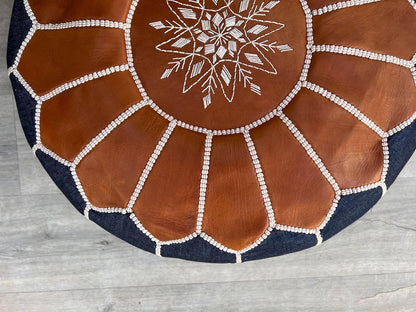 handcrafted denim leather moroccan pouf