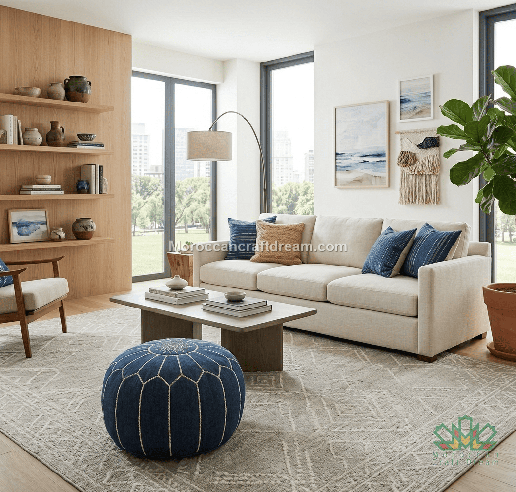 A modern living room featuring a cream fabric sofa with blue and beige throw pillows, a round denim blue pouf, a light wood coffee table, and a large patterned area rug. The room is styled with a wooden shelving unit, a floor lamp, and large windows.