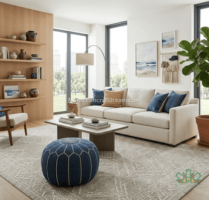 A modern living room featuring a cream fabric sofa with blue and beige throw pillows, a round denim blue pouf, a light wood coffee table, and a large patterned area rug. The room is styled with a wooden shelving unit, a floor lamp, and large windows.