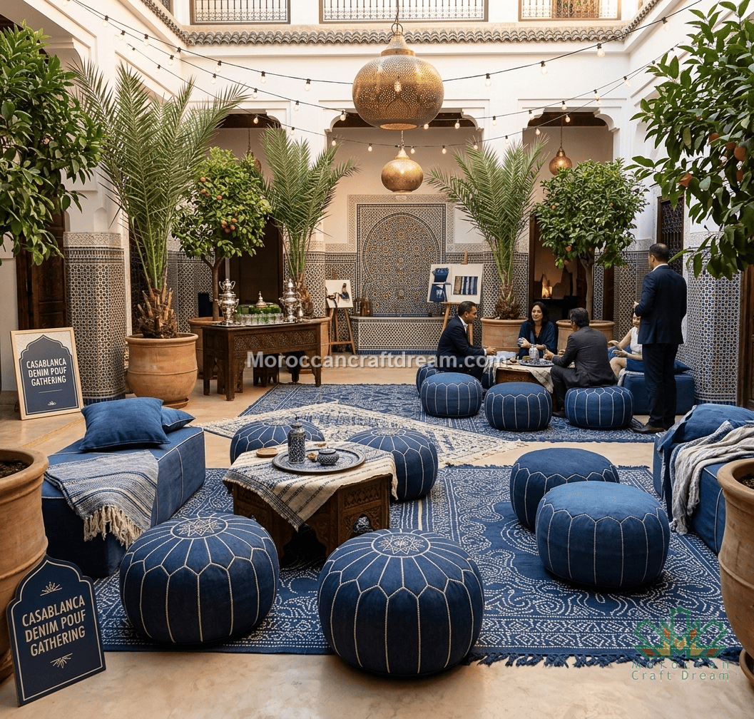 Moroccan-style outdoor seating area in a courtyard with blue patterned denim poufs, blue rugs, palm trees, and hanging brass lamps. Several people are seated and standing in the space, and signage reads 'Casablanca Dream Bed Gathering' and 'Moroccan craft dream.