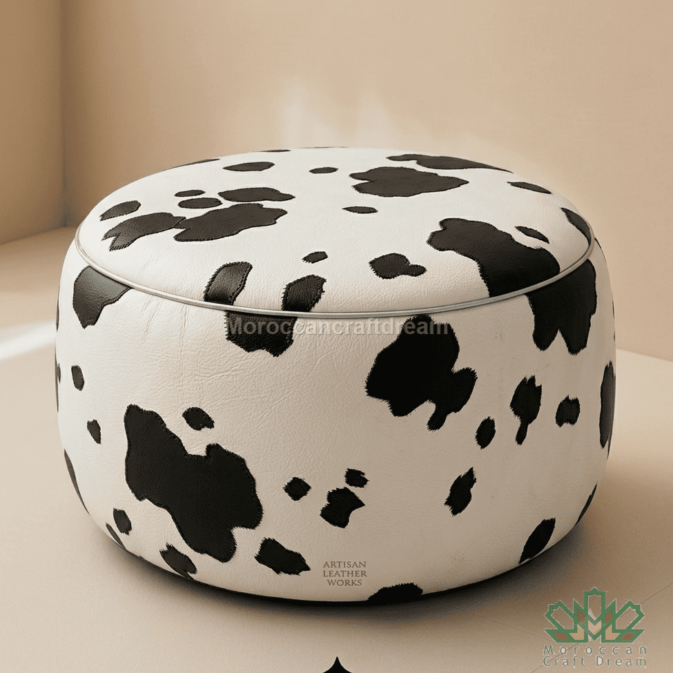 A round pouf ottoman upholstered in cow-print faux leather with black spots on a white background, set against a warm beige studio backdrop.