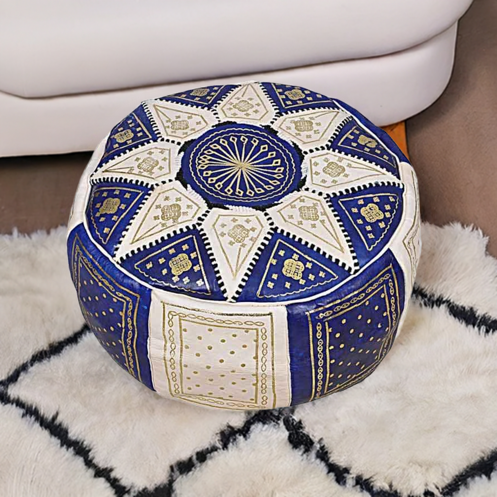 Pouf marocain rond en cuir bleu fait main MAP1BU 