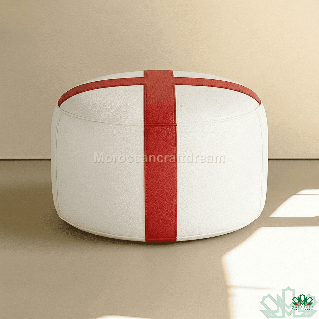 White pouf with a red band on a beige background, english flag.