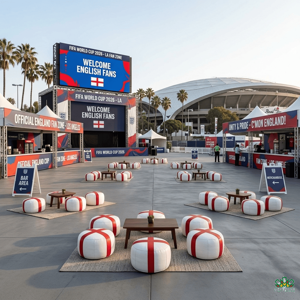 FIFA World Cup 2026 fan zone with seating area and large screen displaying 'Welcome English Fans'.