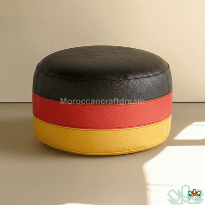 Round ottoman with black, red, and yellow stripes on a beige background, german flag