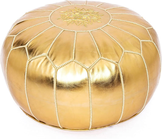 Gold Handmade Moroccan leather pouf with intricate geometric designs, perfect for enhancing living room style.