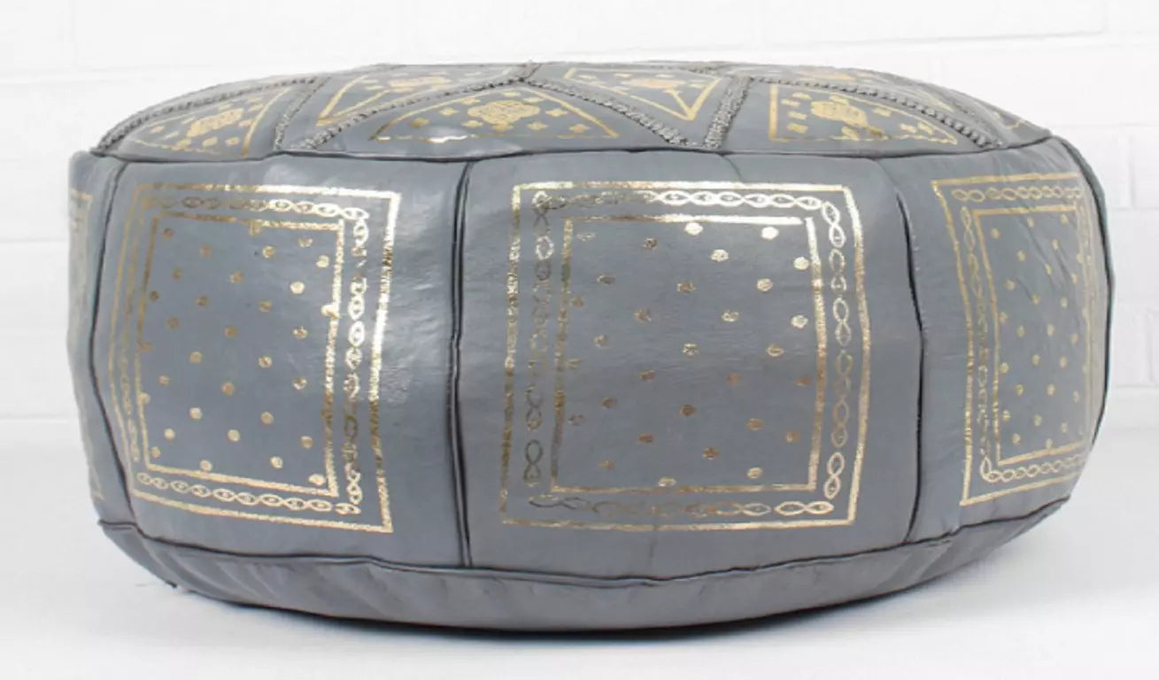 handcrafted gray leather moroccan pouf, grey leather ottoman craftmenhip used as footstool