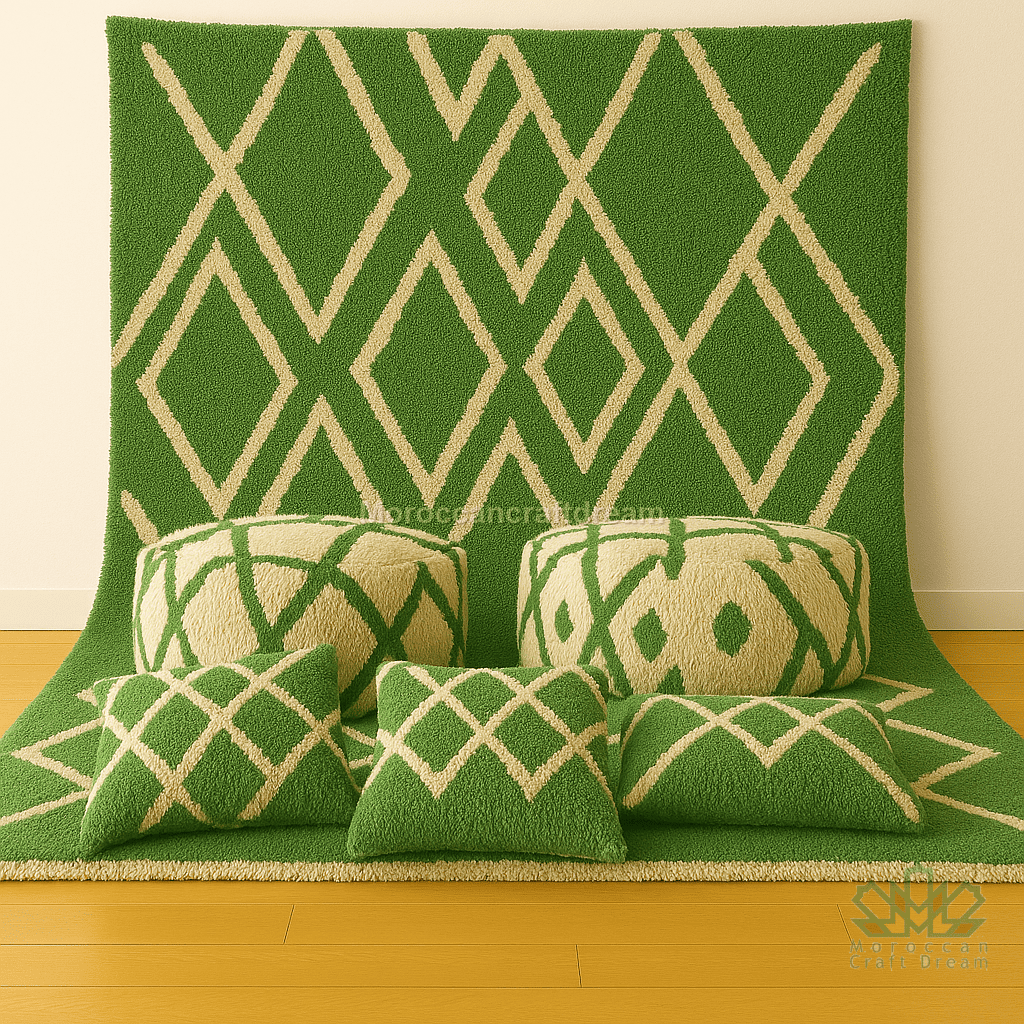 Green and beige patterned cushions on a green geometric-patterned rug.
