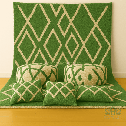 Green and beige patterned cushions on a green geometric-patterned rug.