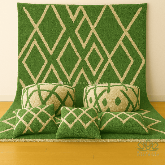 Green and beige patterned cushions on a green geometric-patterned rug.