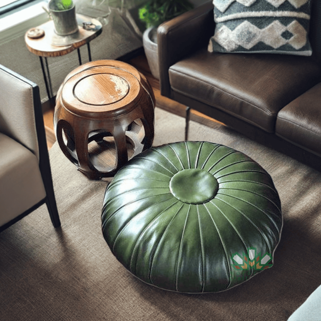 green motoccan pouf in a living room 
