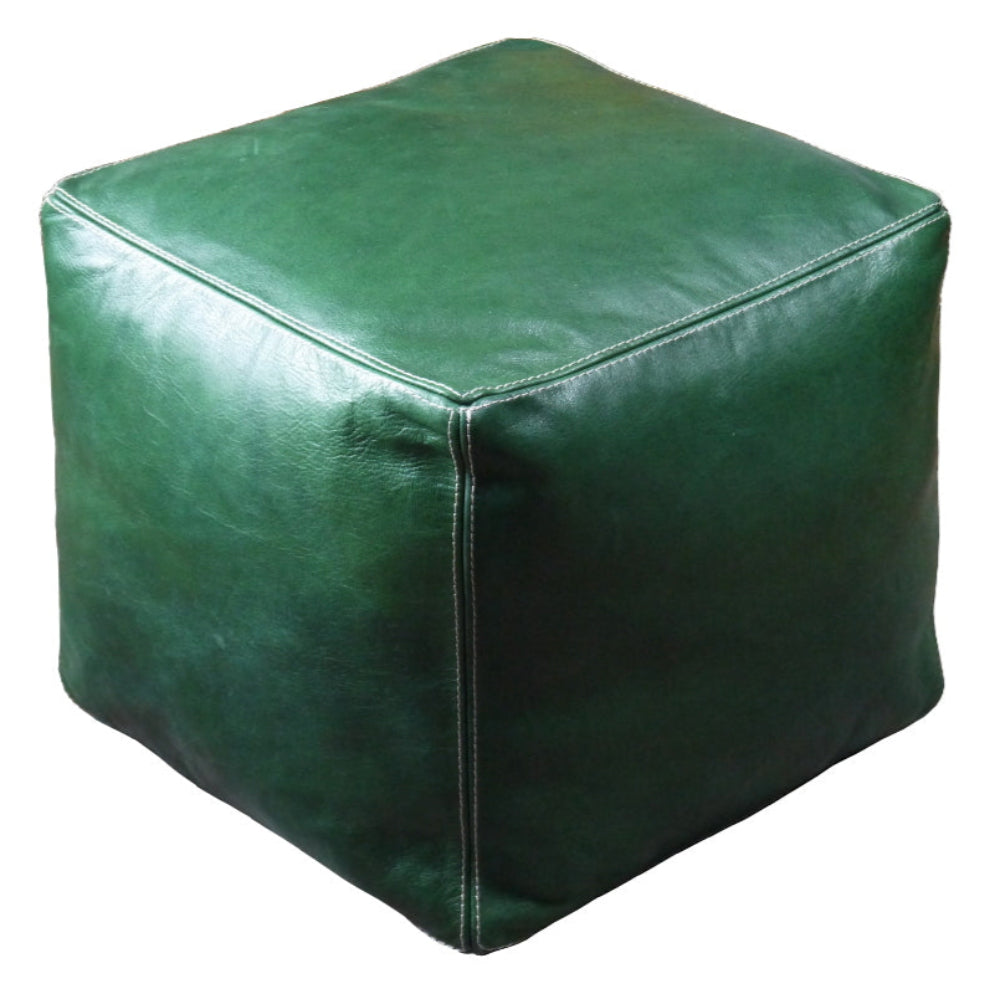 Green handmade leather Moroccan poufs, ottomans and footstool in natural tones, featuring traditional stitching and soft, durable materials.