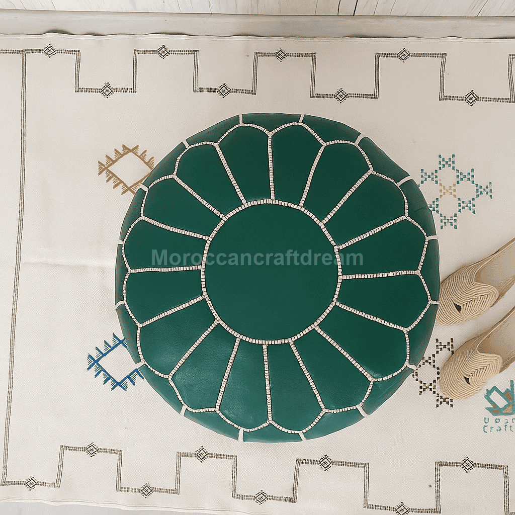 Green decorative plate on a patterned fabric background with 'MoroccanCraftDream' branding.
