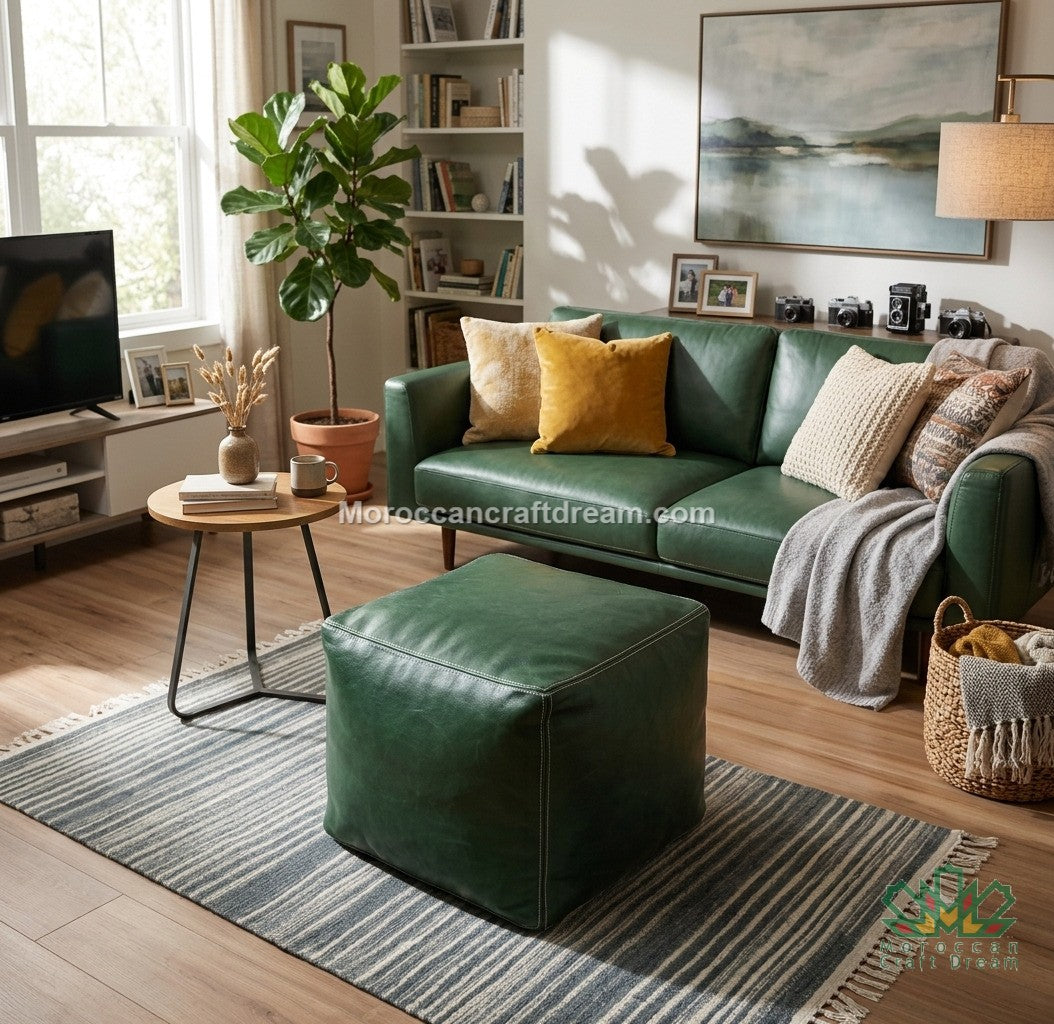 A styled living room featuring a dark green leather sofa with yellow and cream throw pillows, a matching green leather ottoman, a striped rug, a potted fiddle-leaf fig, and a bookshelf in the background.