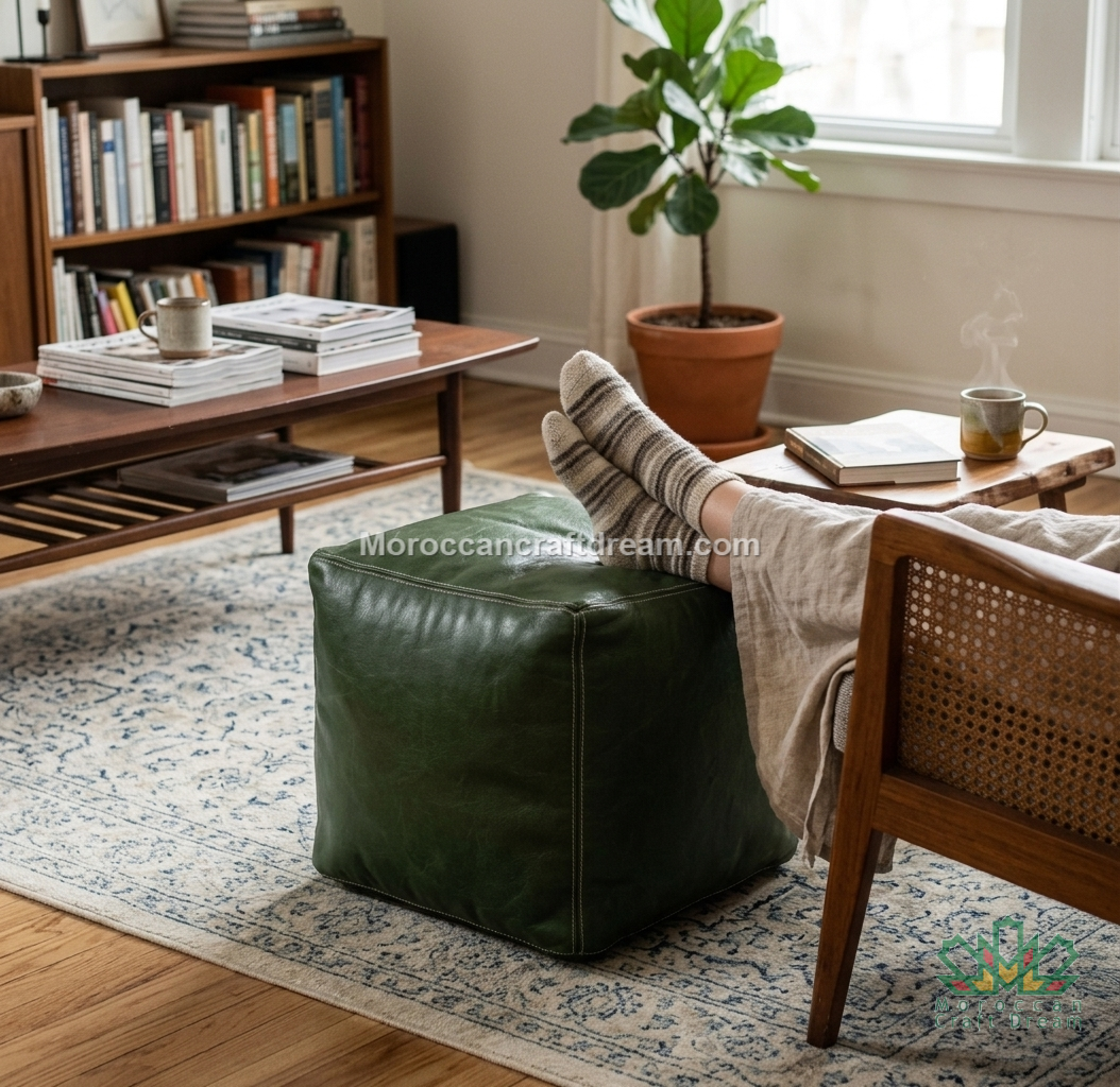 A dark green leather pouf ottoman in a cozy, sunlit living room setting with a wooden chair, a patterned rug, and a bookshelf in the background.