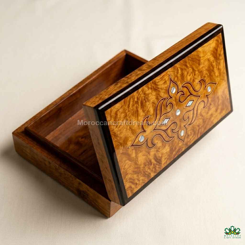 Luxury hand-carved Thuya wood box featuring traditional Moroccan craftsmanship.