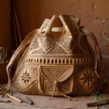 Handcrafted leather bag with intricate patterns on a wooden surface.