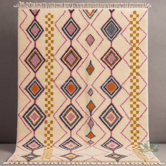 Decorative rug with geometric pattern on a plain background