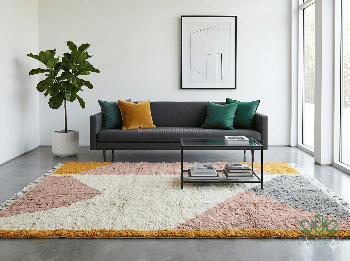 Modern living room with a gray sofa, colorful pillows, and a geometric rug.