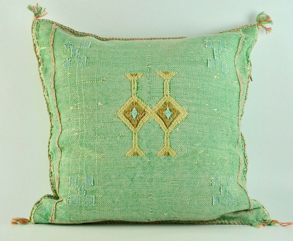 Green Exotic handmade Moroccan pillow cover in cactus silk with intricate design