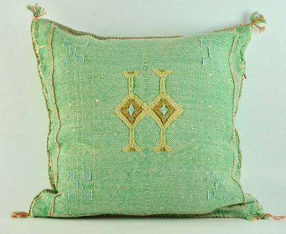 Green Exotic handmade Moroccan pillow cover in cactus silk with intricate design