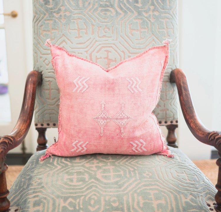 Close-up of Moroccan hand-loomed cactus silk pillow with vibrant colors ... bohemian decor