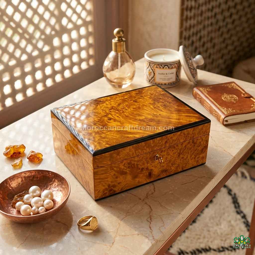 Wooden jewelry box on a marble surface with decorative items around