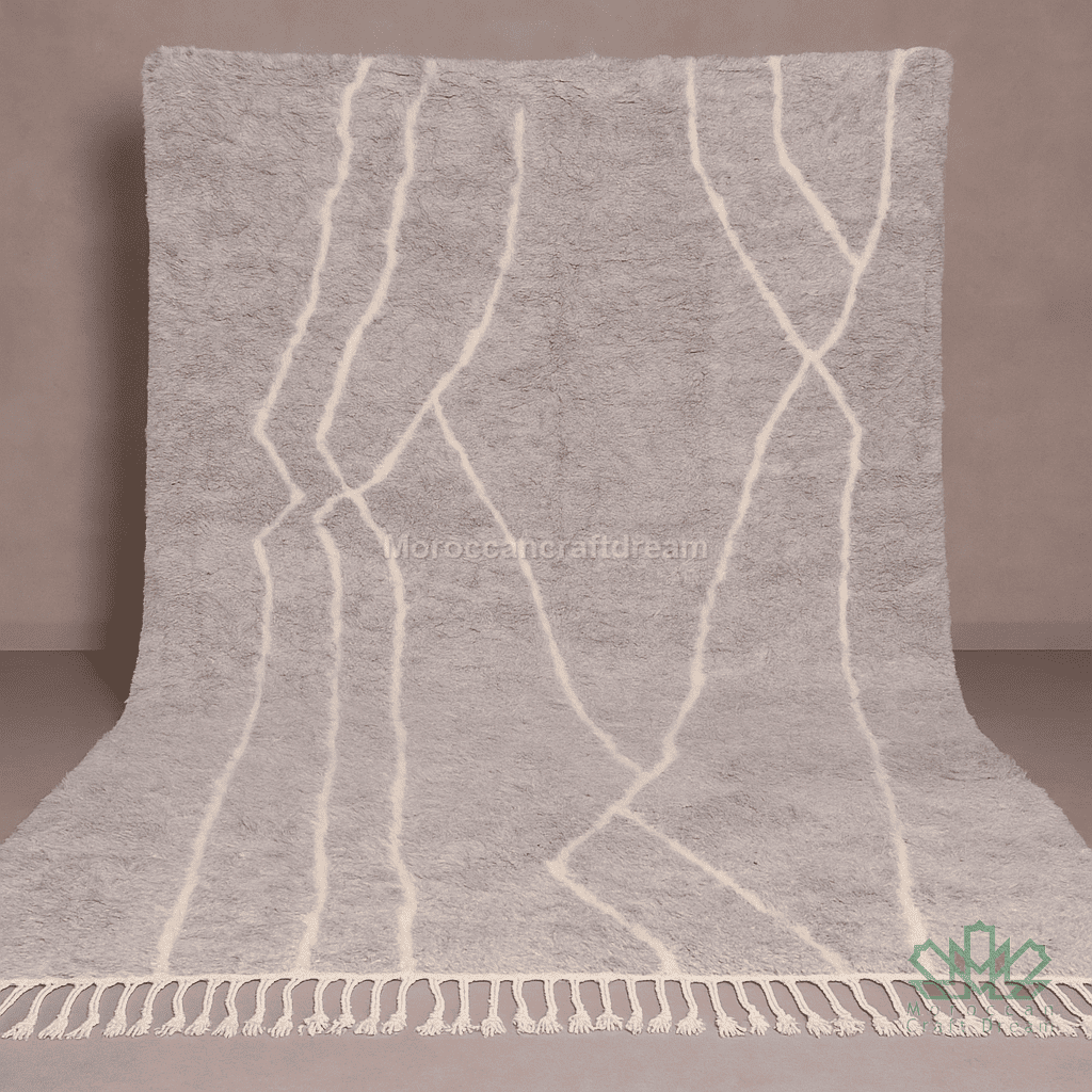 Gray textured blanket with white lines and fringes on a plain background