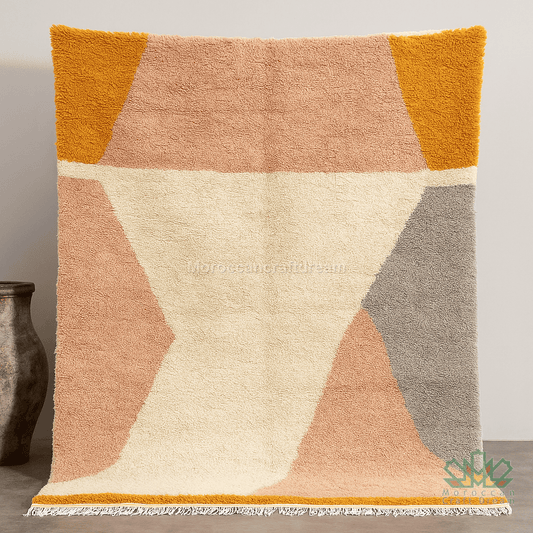 Textured area rug with geometric pattern in warm colors on a neutral background