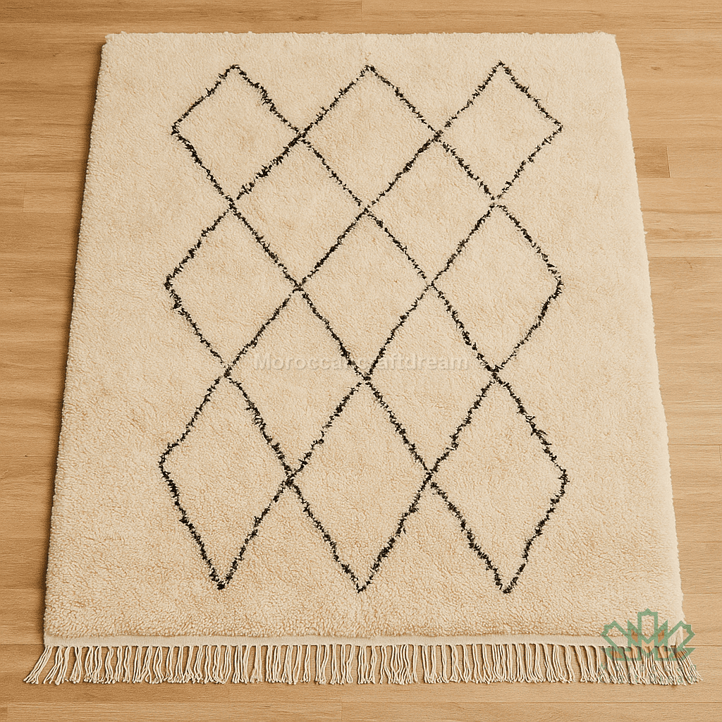 Beige rug with black diamond pattern on a wooden floor