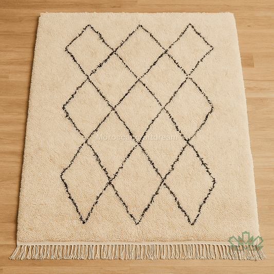 Beige rug with black diamond pattern on a wooden floor