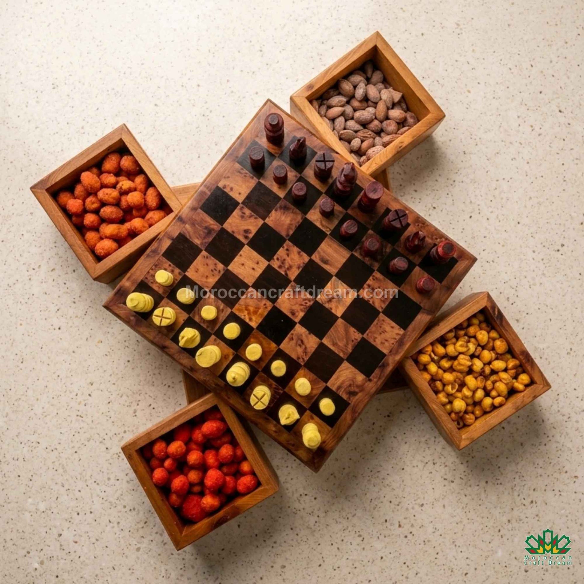 Checkered Close-up of a Moroccan Thuya wood box highlighting its rich, sun-kissed textures.
