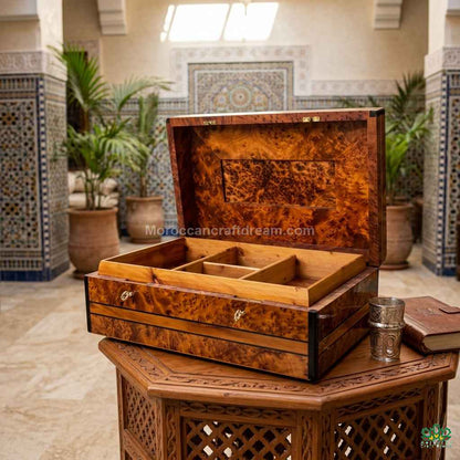 Authentic Moroccan Thuya wood box with internal compartments for organization.