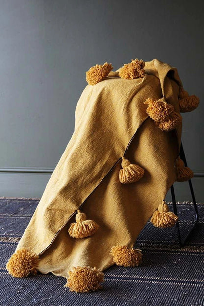 Moroccan Blanket throw Pom Pom, Mustard MB1MU