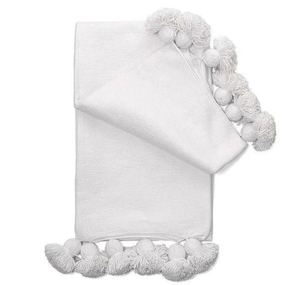 Moroccan Blanket throw Pom Pom, WHITE MB2WH