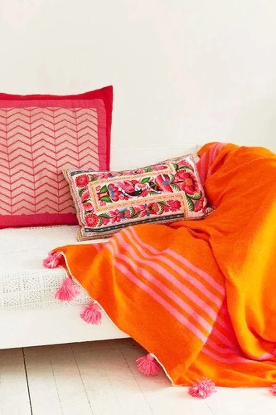 Moroccan Blanket throw Pom Pom,Orange MB1OR