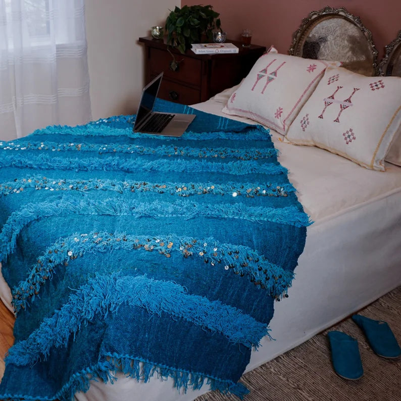 Handmade Moroccan Wedding Blanket Handira BLUE HB1BL
