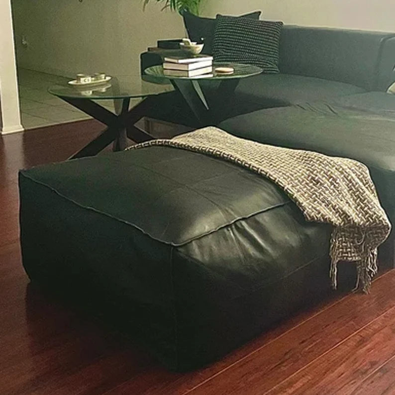 Black Large Square Rectangular Luxury Leather Ottoman LSP1BL