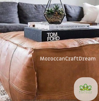 Square and rectangular Moroccan light caramel darky Versatile leather coffee table ottoman, perfect for decor and as a practical centerpiece in living areas.