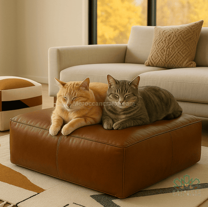 Two cats sitting on a brown leather ottoman in a living room.